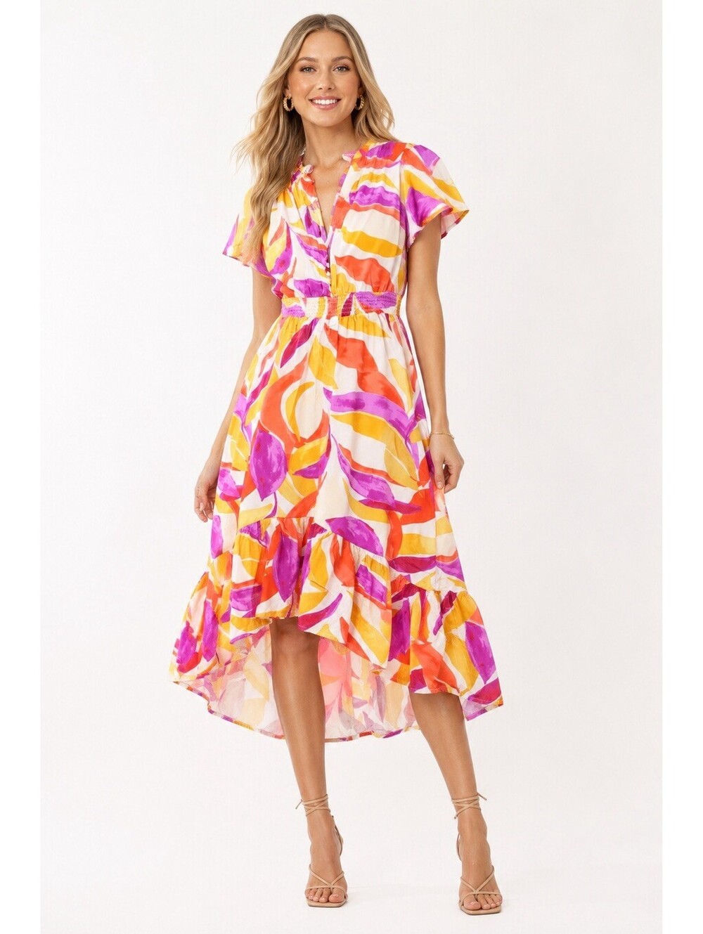 Abel‎ the Label ATL Maxi Hi Low V Neck Short Sleeve Colorful Dress Size Small